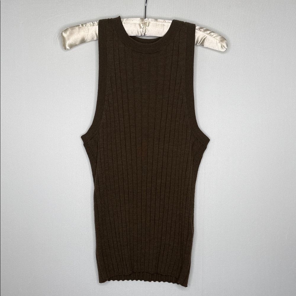 Banana Republic Dark Brown Ribbed Crew Neck Tank L 100% Merino Extra Fine Wool